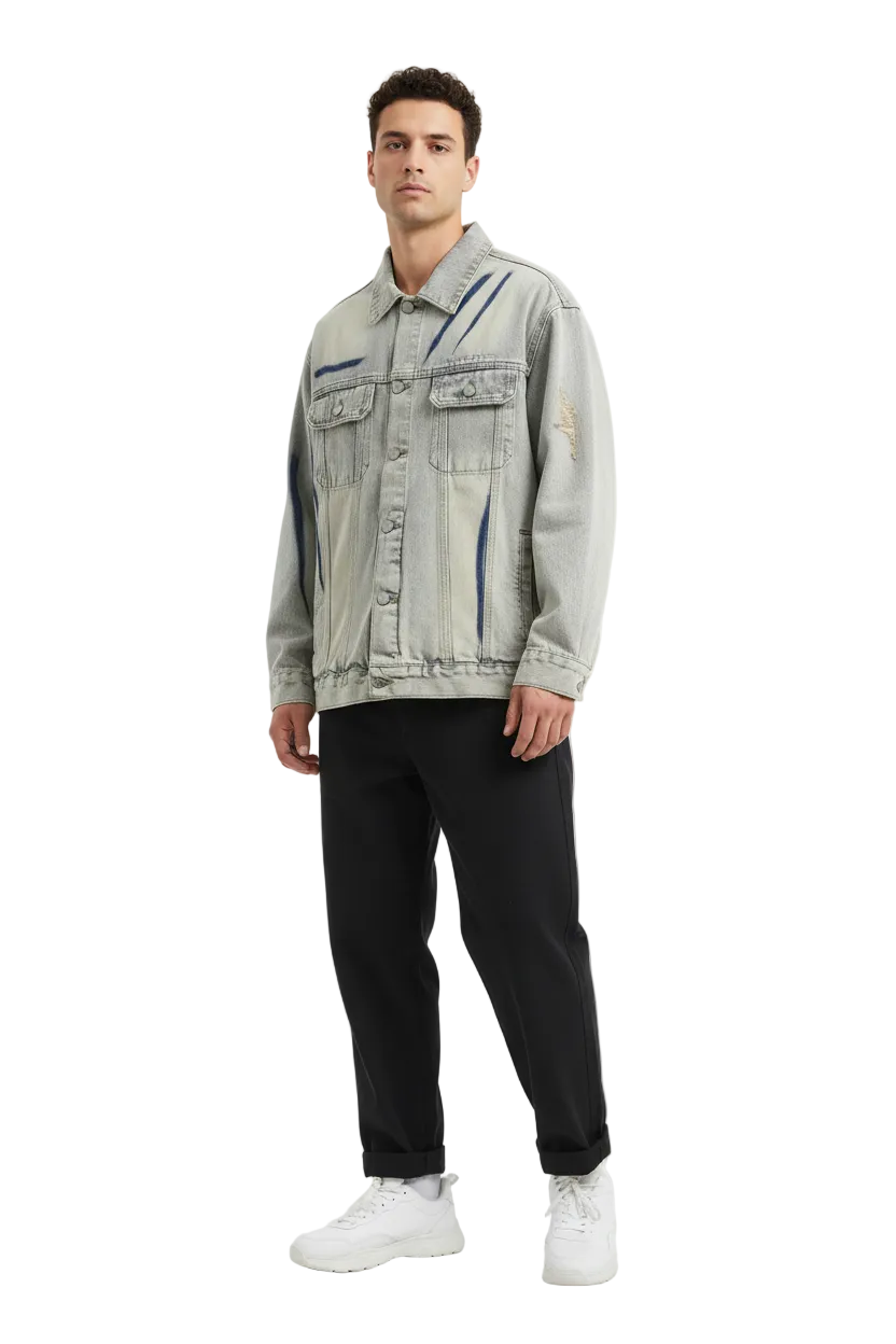 Washed Embroidered Denim Jacket - Male Model