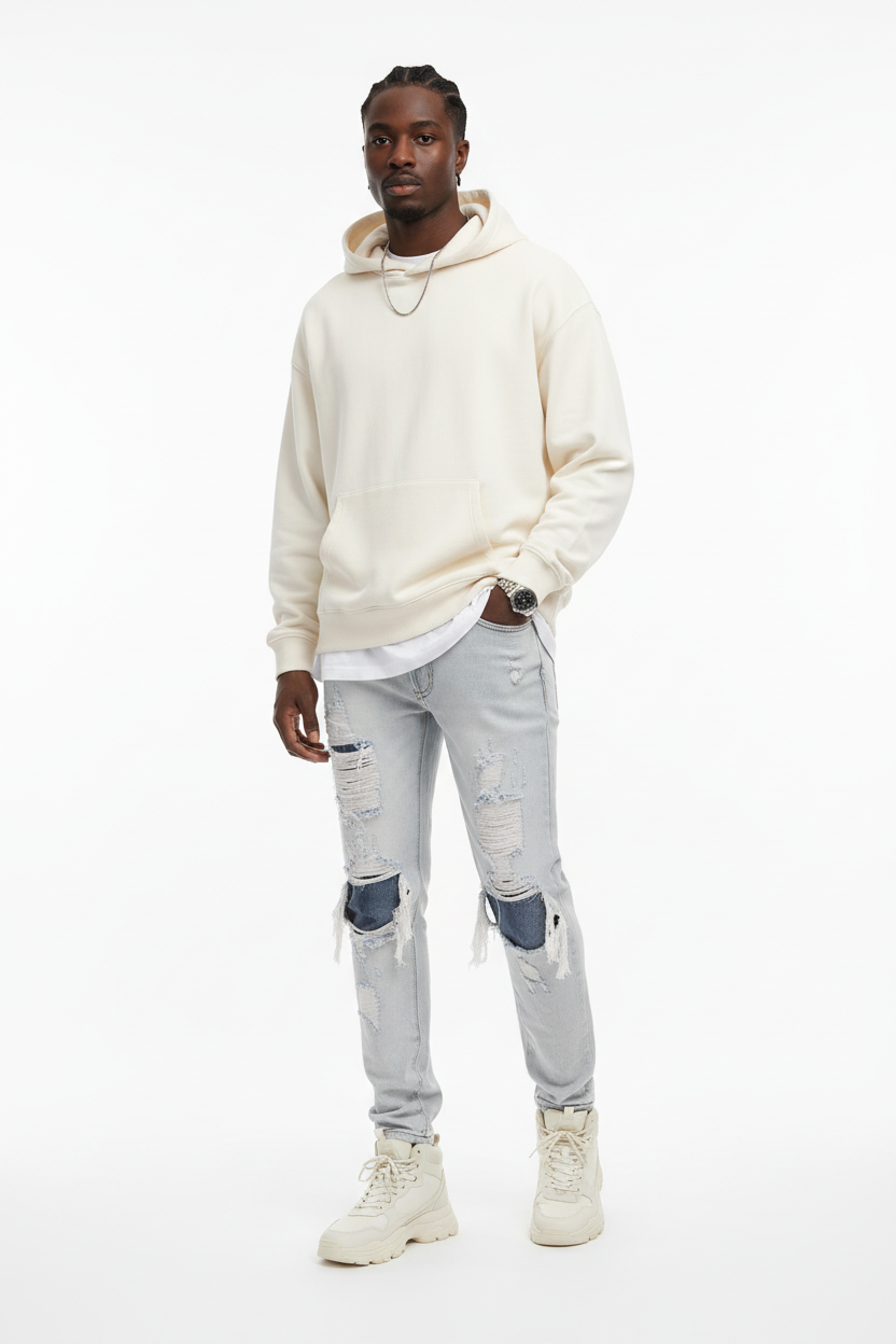 Washed White Ripped Knee Jeans - Male Model
