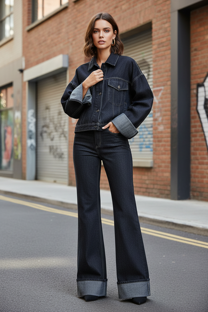 Women's Denim Coat and Trousers Suit - Female Model